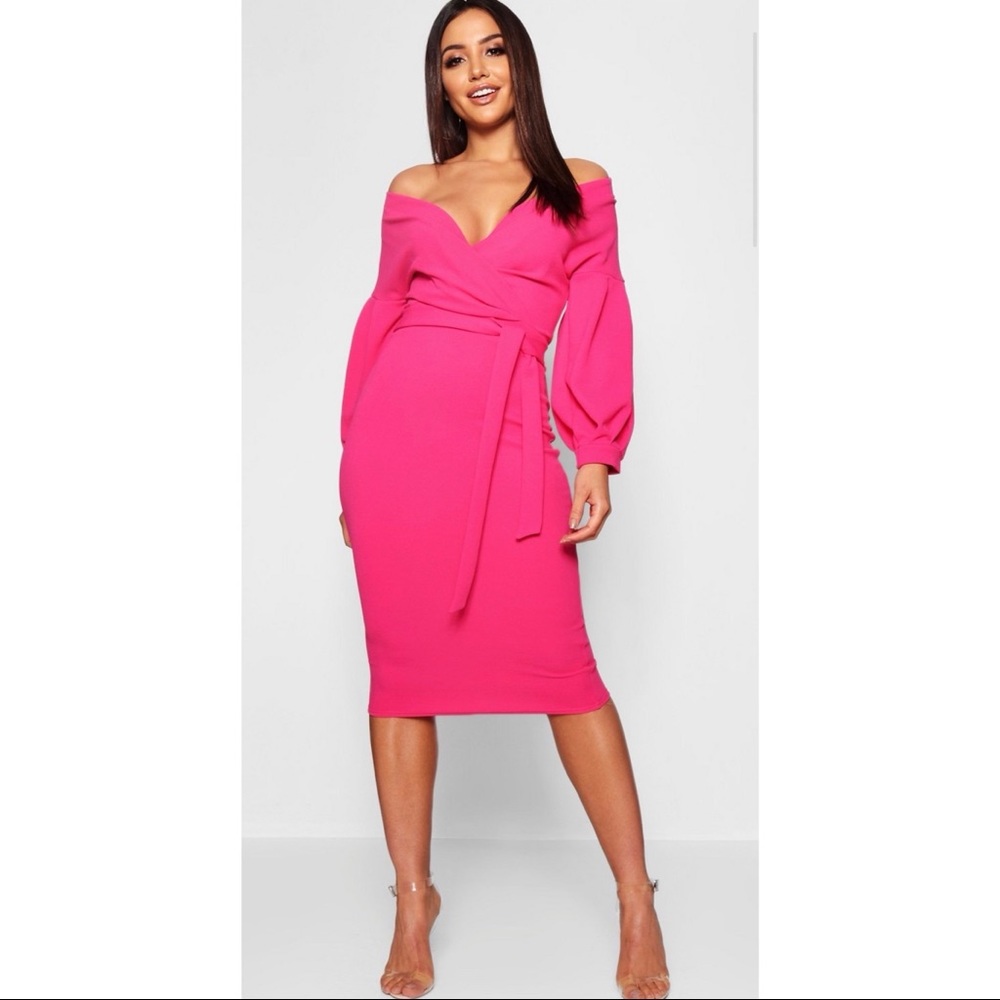 NWOT Boohoo off the shoulder pink midi dress